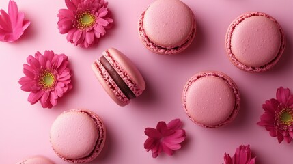 Fototapeta premium A pink macaron with a chocolate center is surrounded by other pink macarons