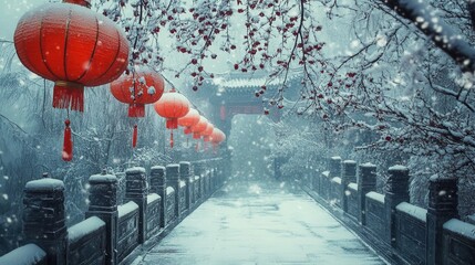 Red Lanterns in Snowy Views