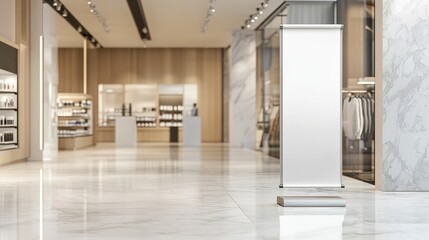A modern retail space featuring clean lines, polished flooring, and display areas for products, highlighted by an empty stand for promotional materials.
