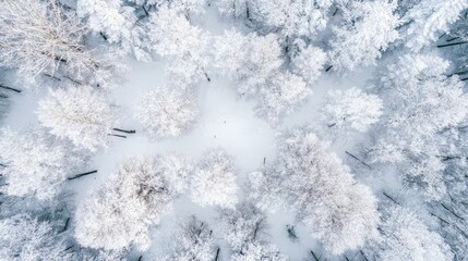Aerial view of a snow draped forest taken in winter with a drone