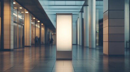 A minimalist lighted display stand in a modern corridor, showcasing a sleek, contemporary design amidst a spacious environment.
