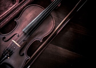 Fototapeta premium Realistic Minimalist Photography of a Well-Preserved Violin with Intricate Strings and Bow