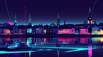 Fototapeta premium A city skyline with a boat in the water