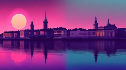 Obraz premium A city skyline with a large pink and purple sun in the background