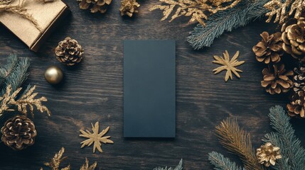 A minimalistic black card surrounded by gold and natural decorations, set on a wooden surface, perfect for festive occasions or special events.