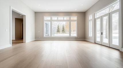 Spacious empty living room with large windows and light hardwood flooring overlooking a snowy backyard with trees and a house.