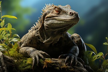 Obraz premium A detailed close-up of a lizard resting on a rock amidst greenery.