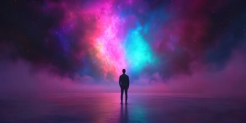 Fototapeta premium Silhouette of Man Gazing at Cosmic Nebula and Stars Night Sky Dreamlike Fantasy Abstra