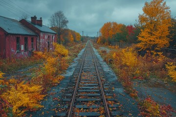 Fototapeta premium Abandoned Railroad Tracks Surrounded by Autumnal Foliage and an Old Building