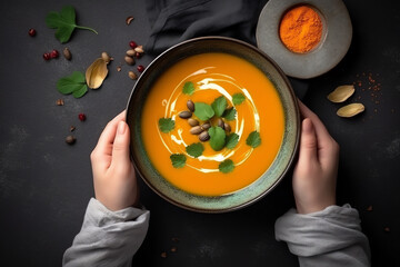 Female hands with bowl of pumpkin soup top view mockup, On grey background. AI Generated	
