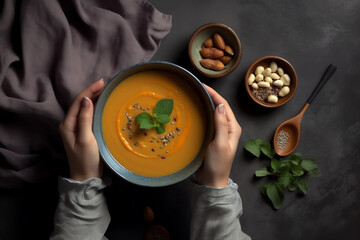 Female hands with bowl of pumpkin soup top view mockup, On grey background. AI Generated	
