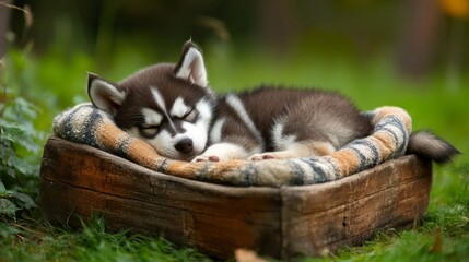 Fototapeta premium A small brown and white dog is sleeping in a wooden crate