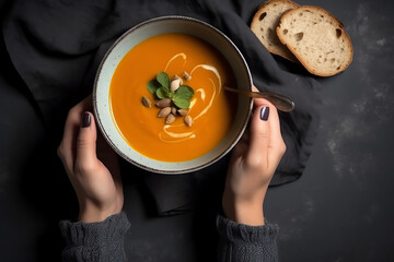 Female hands with bowl of pumpkin soup top view mockup, On grey background. AI Generated	
