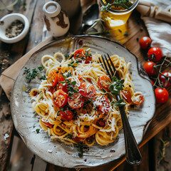 spaghetti italian food on plate with food on table background, AI Generated	