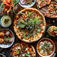 pizza italian food on plate with food on table background, AI Generated	