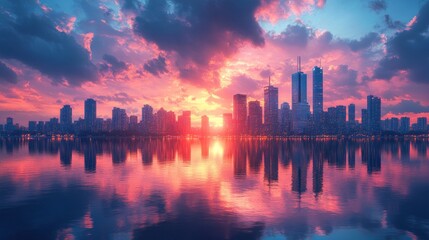 Fototapeta premium A city skyline is reflected in the water