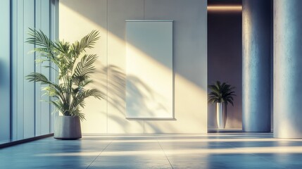 A serene, modern interior space featuring natural light, greenery, and minimalistic design elements, creating a peaceful atmosphere.