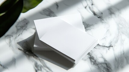 A minimalistic composition featuring blank envelopes resting on a marble surface, illuminated by soft, natural light.