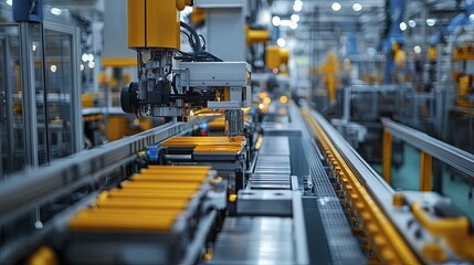 Fototapeta premium An automated factory line prioritizes high-output production in a bustling industrial environment.