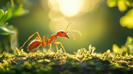 A red ant is standing on a green leaf