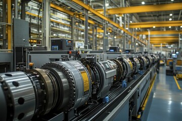 Fototapeta premium A factory equipped with cutting-edge machinery enhances productivity, prioritizes efficiency, and boasts a spacious industrial layout.