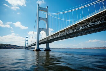 Naklejka premium A suspension bridge spans a river under a clear blue sky, showcasing engineering and nature.