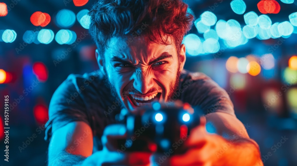 Poster a man is playing a video game and is laughing
