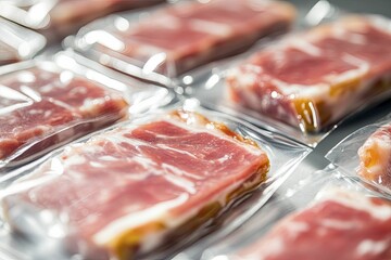 Close-up of vacuum-sealed meat, shiny packaging material, attention to food preservation techniques