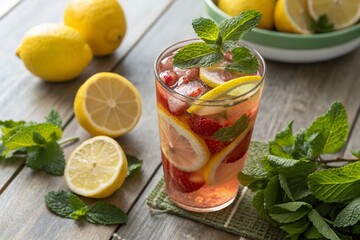 Fototapeta premium Refreshing Long Exposure of Lemon and Mint Drinks with Citrus Splash and Herbal Essence for Summer Vibes