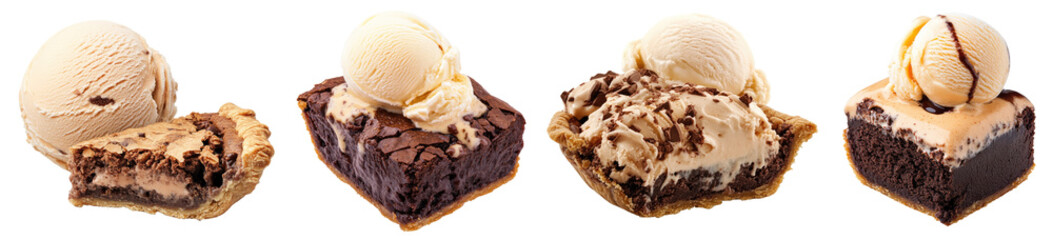Brownie pie Piece Served with Ice Cream scoop set collection on transparent cutout background, PNG file. Mockup clipart template