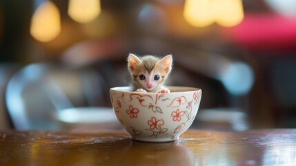 A kitten is sitting in a white bowl