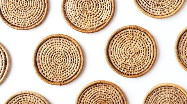 Close-Up of Woven Straw Coasters on White Surface - Powered by Adobe