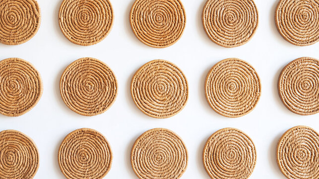 Close-Up of Woven Straw Coasters on White Surface