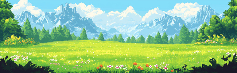Fototapeta premium Evil castle and monstrous creatures in a vibrant grassland landscape, surrounded by majestic mountains, showcasing a rich and bright color palette, ideal for 2D games with flat design 