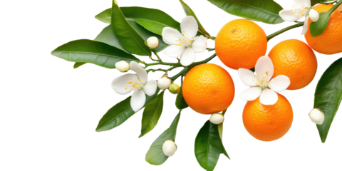 Neroli twig. Citrus aurantium branch, blossom and fruits, Bitter orange tree with flowers on transparent cutout background, PNG file. Mockup clipart template