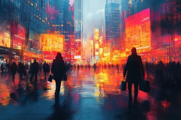 Black Friday shopping scene with eager shoppers rushing through a mall filled with sales signs and shopping bags. Generative AI