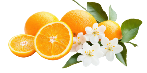 Neroli twig. Citrus aurantium branch, blossom and fruits, Bitter orange tree with flowers on transparent cutout background, PNG file. Mockup clipart template
