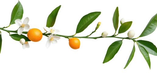 Neroli twig. Citrus aurantium branch, blossom and fruits, Bitter orange tree with flowers on transparent cutout background, PNG file. Mockup clipart template