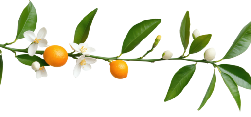 Neroli twig. Citrus aurantium branch, blossom and fruits, Bitter orange tree with flowers on transparent cutout background, PNG file. Mockup clipart template
