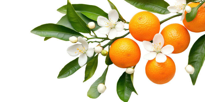 Neroli twig. Citrus aurantium branch, blossom and fruits, Bitter orange tree with flowers on transparent cutout background, PNG file. Mockup clipart template