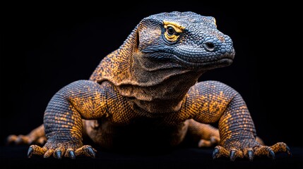 Fototapeta premium A detailed close-up of a textured reptile against a dark background.