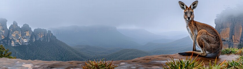 Fototapeta premium A kangaroo is sitting on a rocky hillside in front of a mountain range