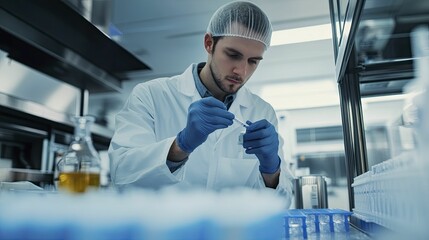A lab technician analyzes chemical components in frozen food, utilizing advanced equipment with a focus on maintaining high quality standards.