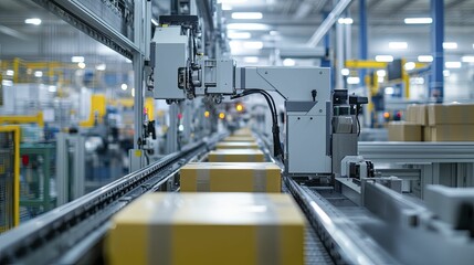 Optimized packaging line with a focus on performance, modern machinery and sustainable materials, clean factory setting