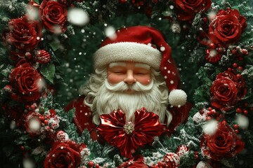 A festive display featuring Santa Claus surrounded by red roses and greenery