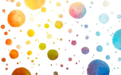 Artistic Abstract Summer spray Polka Pattern, Background with Watercolor Circle on White, Vibrant Warm and Cool trendy colors, yellow, orange, red, blue, purple, Copy Space for Text, Isolated 