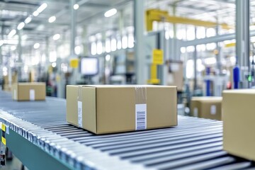 Optimized packaging process in a factory, focus on performance and sustainability, bright and clean layout