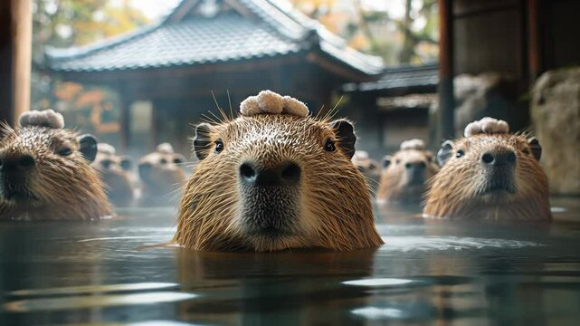 A group of capybaras relaxing in a tranquil hot spring surrounded by nature in Japan during autumn