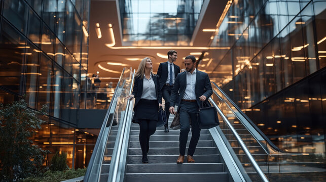 Group of professionals walking on escalator in modern glass office building with indoor greenery and ambient lighting.
