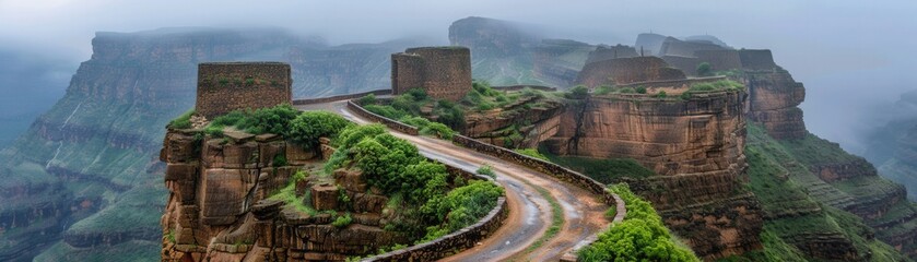 A road winds its way up a mountain, with a lush green hillside on either side
